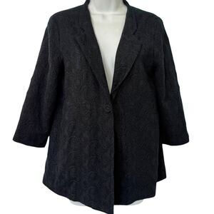 Eileen Fisher Black Embroidered Blue Swirl Wool Single Button Blazer Size XS